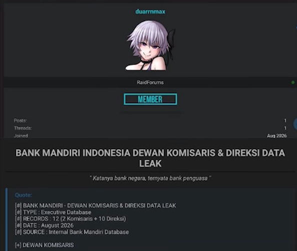 Fakta atau Hoax? Hacker Klaim Kebocoran Data Direksi Bank Mandiri Beredar, Diduga Berkaitan dengan Penundaan Rekening AMPB